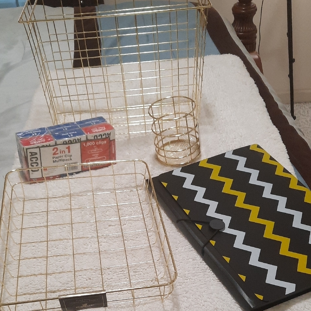 Gold Wire Baskets and Chevron Organizer Set